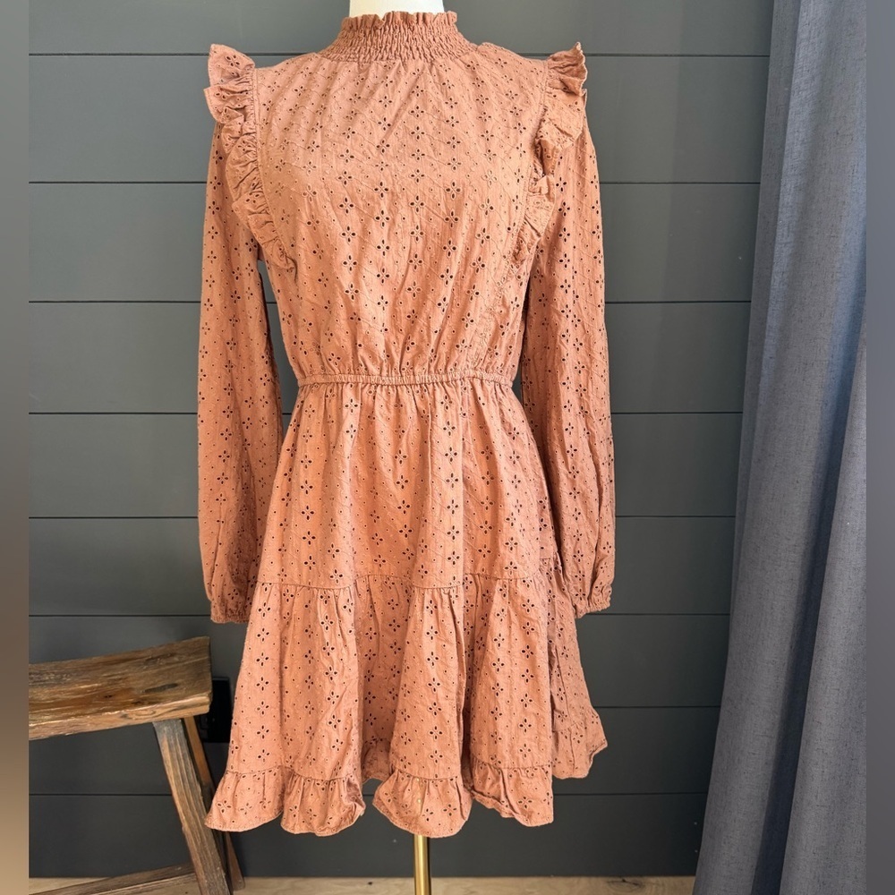 Lost + Wander Brown Eyelet Long Sleeve Dress, High Neck Ruffle Boho Cottagecore